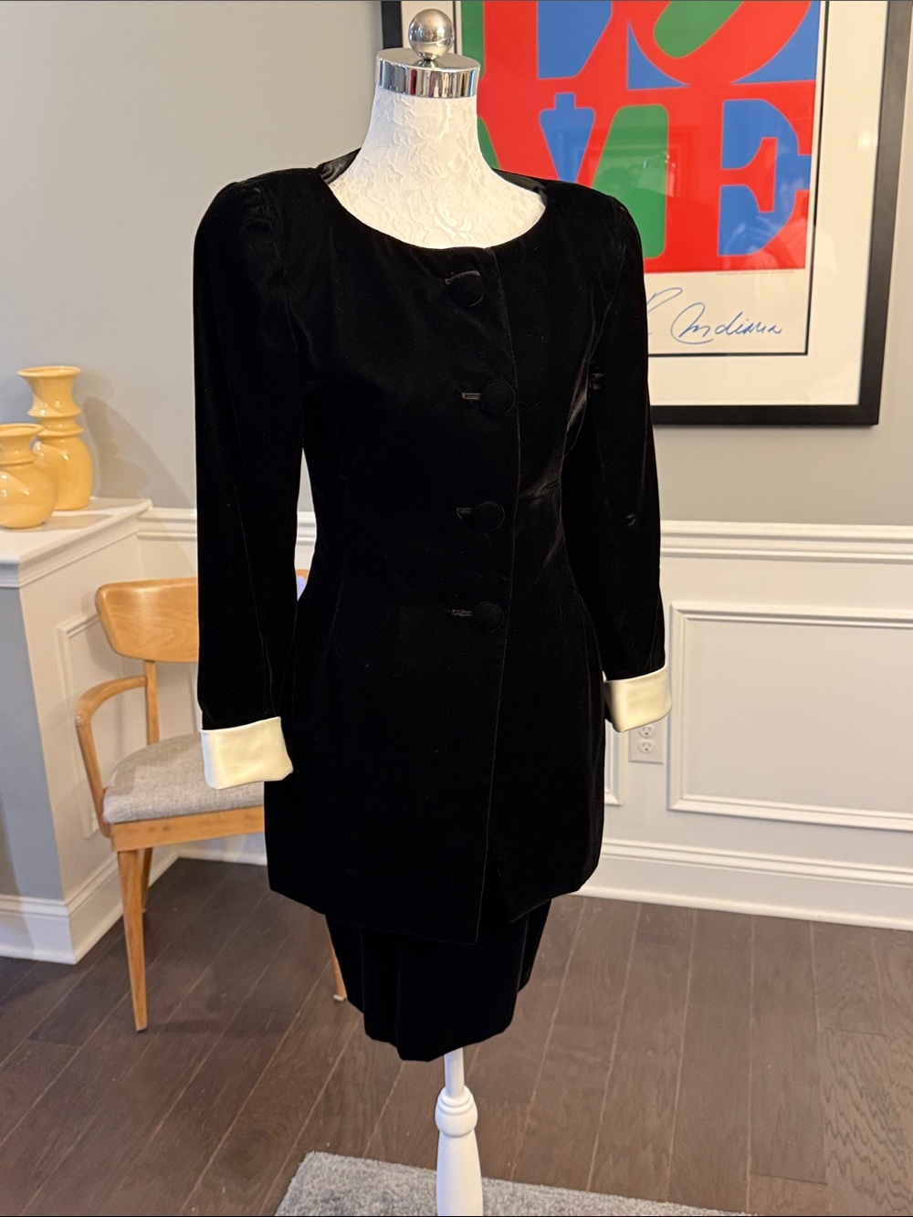 VTG 80s 90s Ann Taylor Black Velvet Skirt Suit Cream Cuffs ILGWU USA Made 2